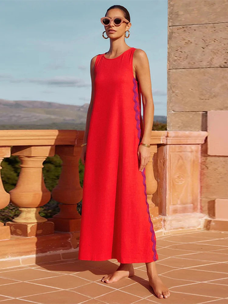 Elegant O-neck Wave Maxi Dress Women Fashion Sleeveless Solid Vacation Beach Dresses Summer Female Casual Loose Street Robes 240708