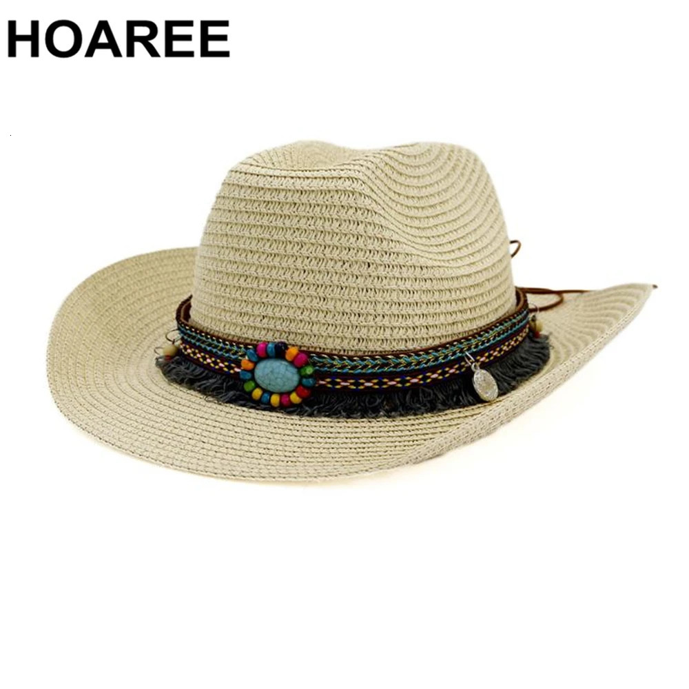 HOAREE Cowgirl Cowboy-Hat Sombreros Western Cap Wome -Straw Jazz Ethnic Style Beige Summer Beach Straw Sun Hats 240713