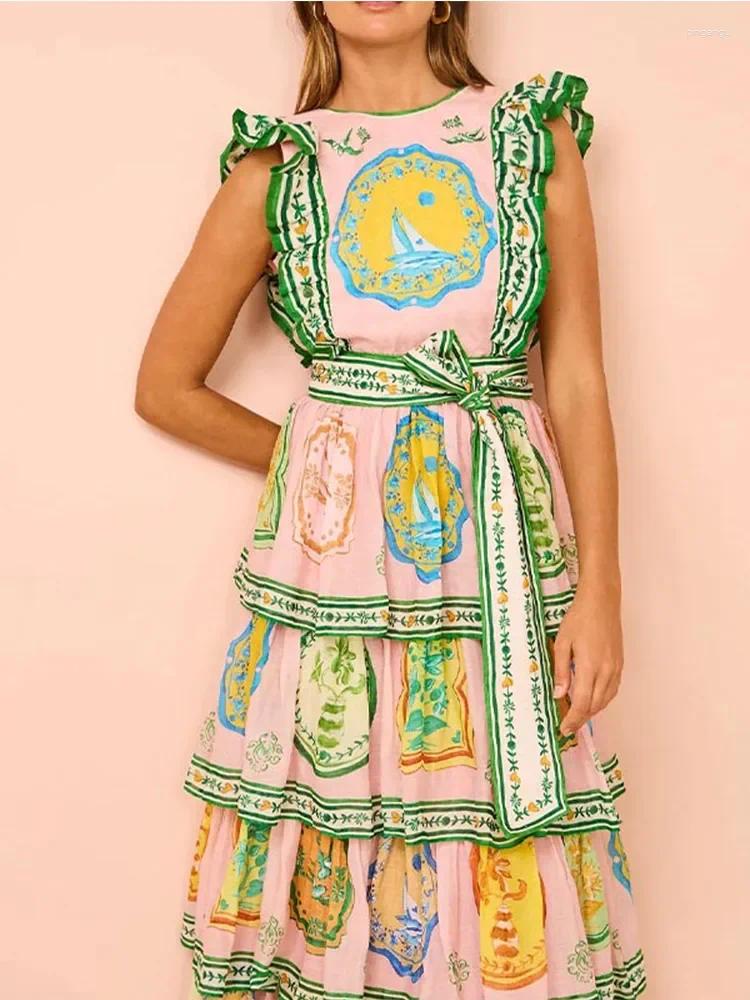Casual Dresses Fashion O Neck Sleeveless Belt A-line Women Printed Layered Ruffles Cake Dress Summer Elegant Female Vacation Party Robe