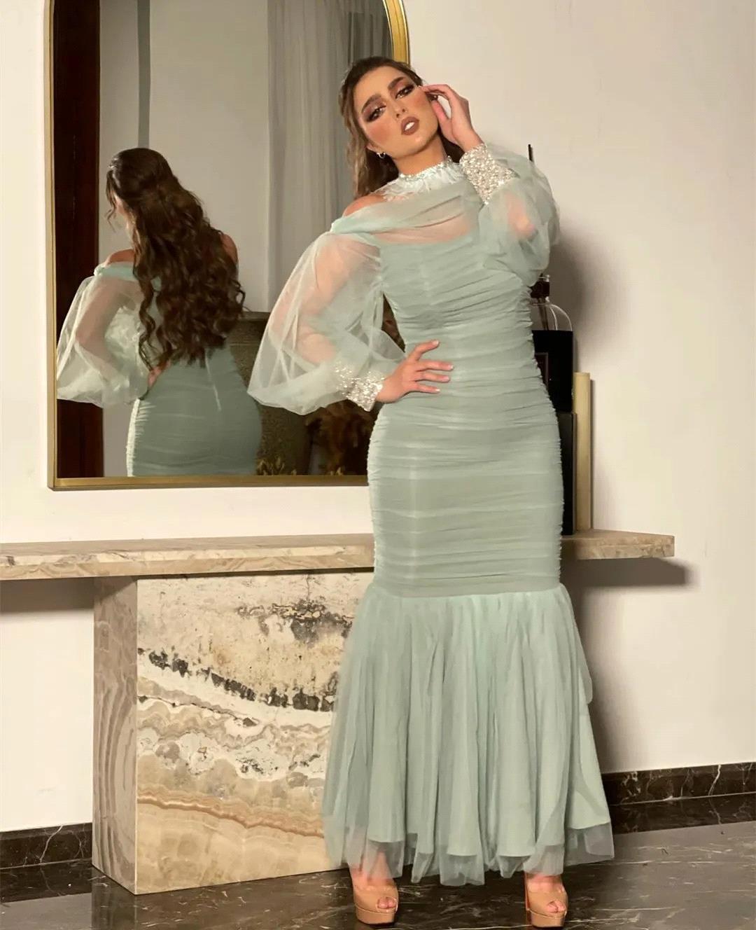 Elegant Green Prom Dresses Sheath Party Evening Dress Transparent Long Sleeve Ruched Special Ocn dress BC19179