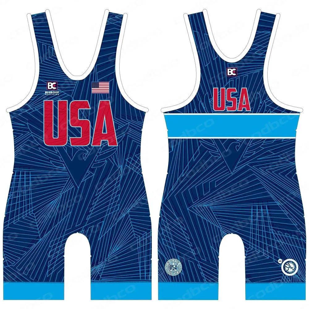 The USA Wrestling Singlets Suit Boxing One Piece Bodysuit Mens Gym Sports Elasticity Fitness Sleeveless Weightlifting Skinsuit 240711