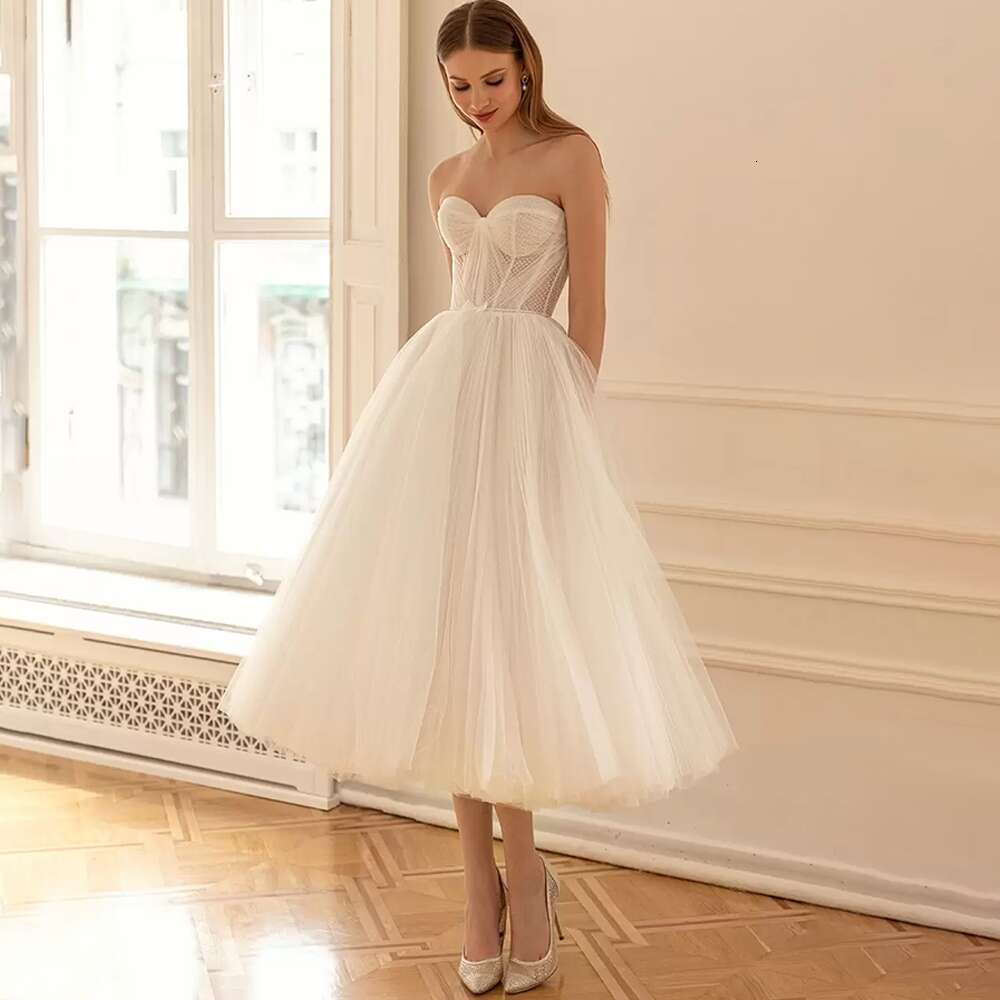 Sweetheart Lovedress Short Wedding Dresses Sleeveless Mid Calf Tulle Simple A E Bride Gowns Backless Zipper Vestido De Novia