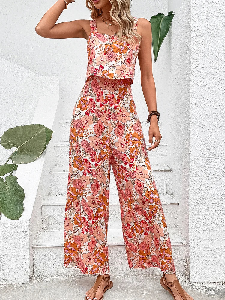 Elegant Long Jumpsuit Women Sexy Backless Wide Leg Jumpsuits Casual Sleeveless Floral Rompers Summer Clothes For Woman 2024 240715