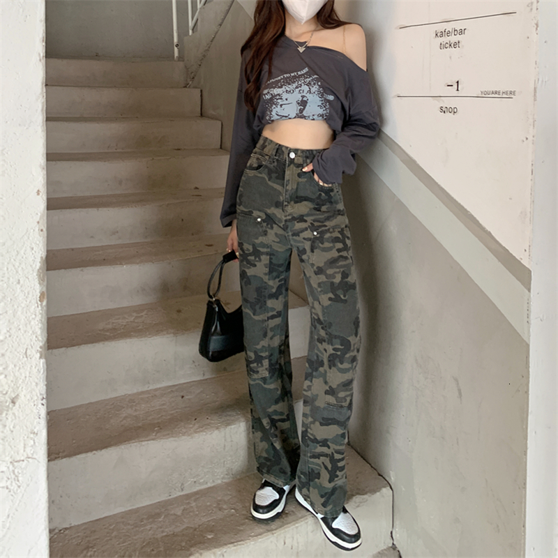 Large size American camouflage sweet and spicy work pants, women's street hip-hop wide leg casual pants