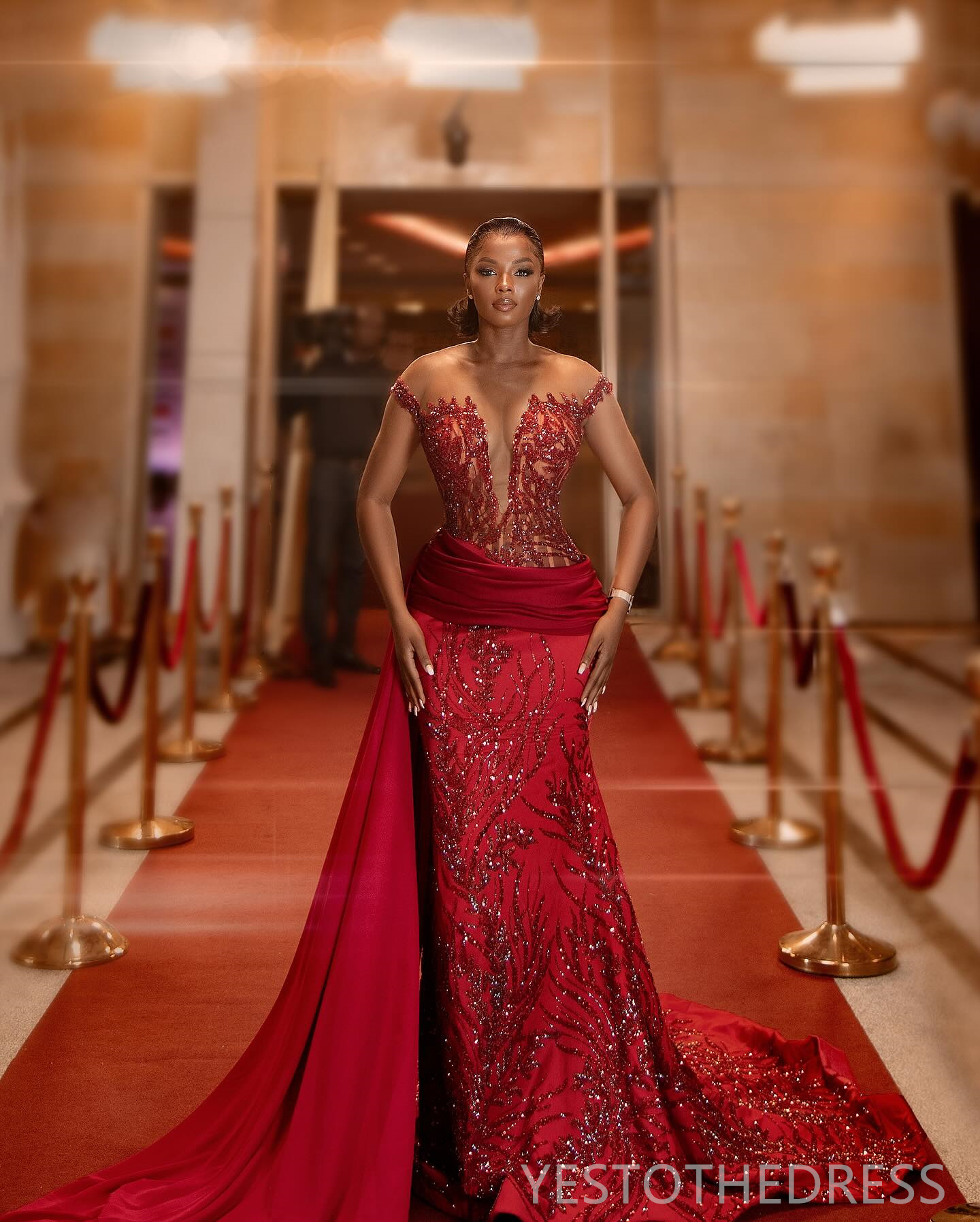 2024 Aso Ebi Red Prom Dresses For Special Occasions Mermaid Promdress Evening Formal Dresses Beaded Lace Illusion Short Sleeves Second Reception Gowns