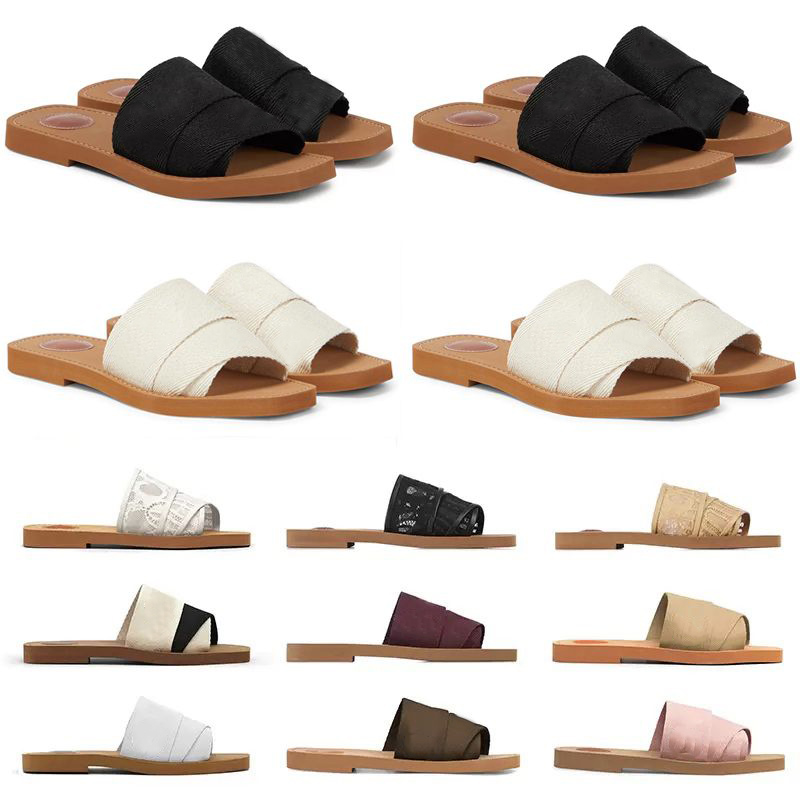 Woody Designer Slippers Sandals Slides Sliders Women Mules Flat Slide Tan Beige White Black Pink Lace Lettering Fabric Canvas Woman Slipper Slider Sandal Scuffs