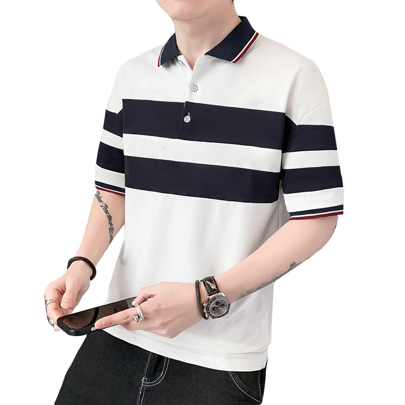 Summer t-shirt, new short sleeved T-shirt, slim fitting collar, striped cotton clothing, men's polo shirt