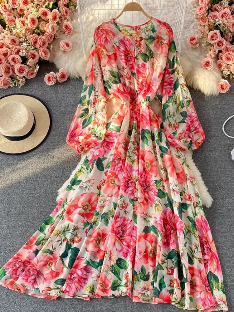 Spring Summer Holiday Bohemian Flower Maxi Dress Women Bow Tie Collar Floral Print Elastic Waist Large Hem Chiffon Vestidos 240712