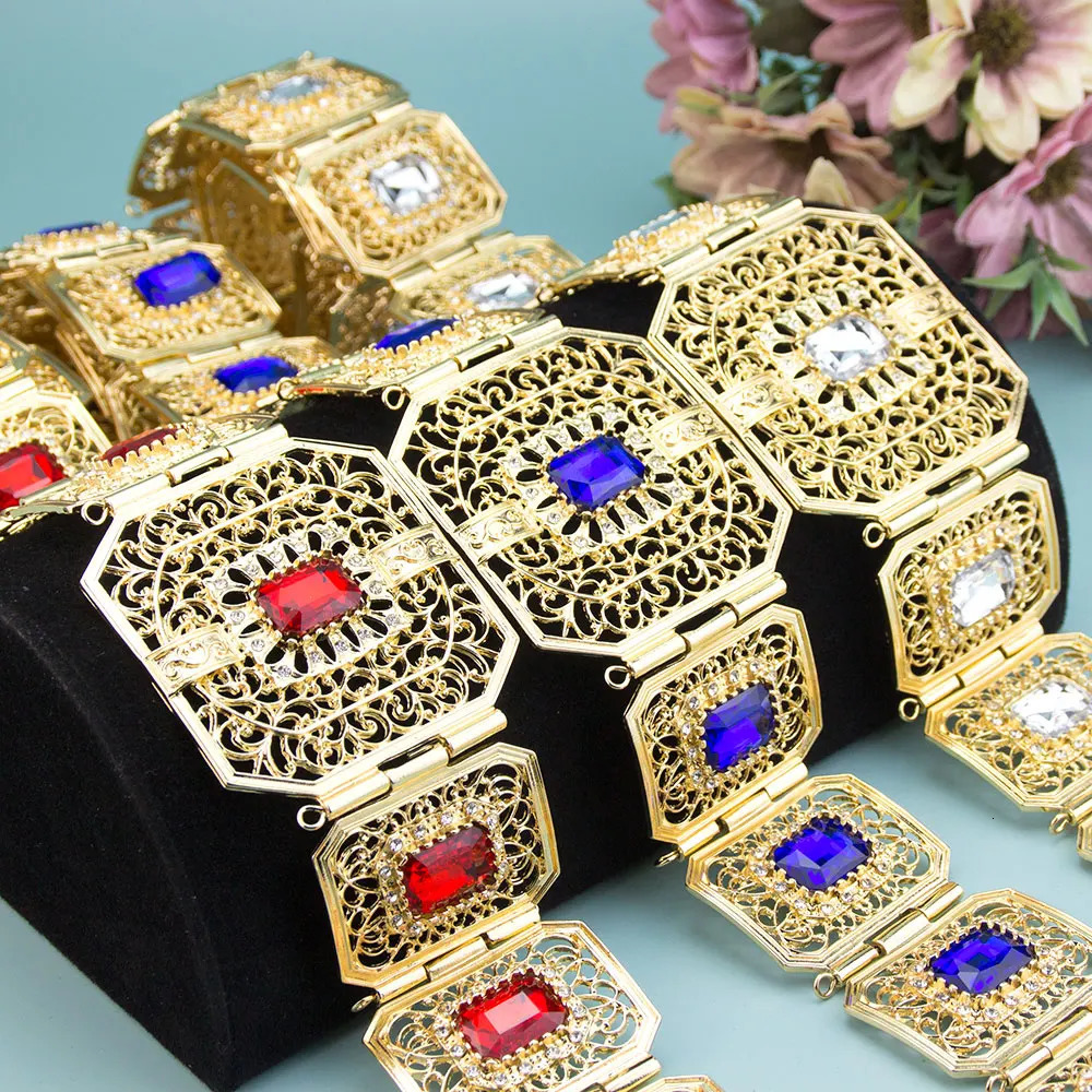 Sunspicems Morocco Caftan Belt Square Crystal Adjustable Length Arabic Women Wedding Jewerly Bridal Dress Waist Chain Gold Color 240709