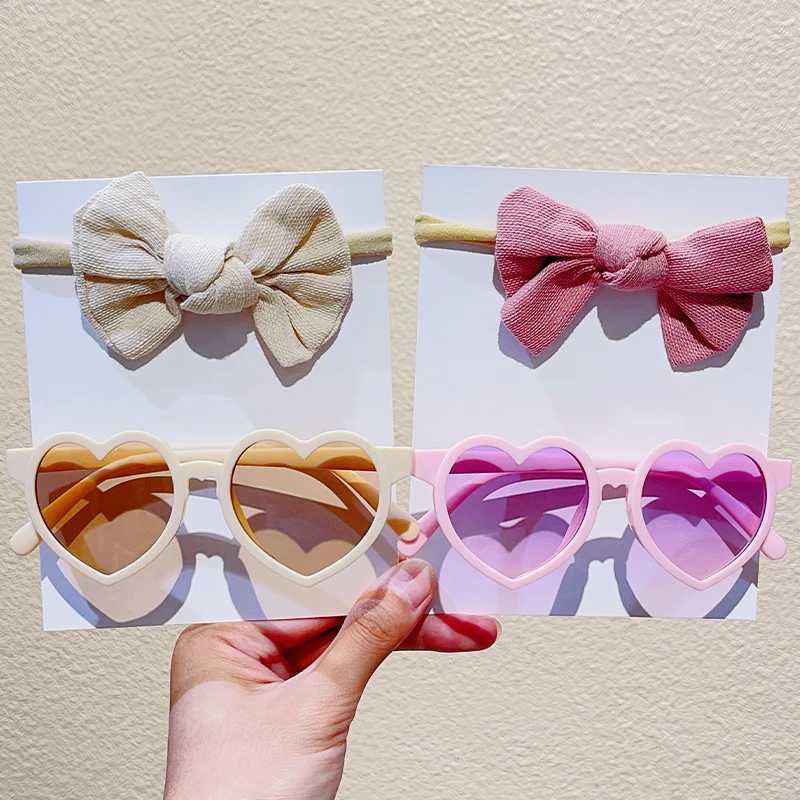 Sunglasses 2 Pcs/Set New Baby Girls Cute Solid Bowknot Hairbands Children Heart Sunglasses Hair Bands Headwear Kids Lovely Hair Accessories