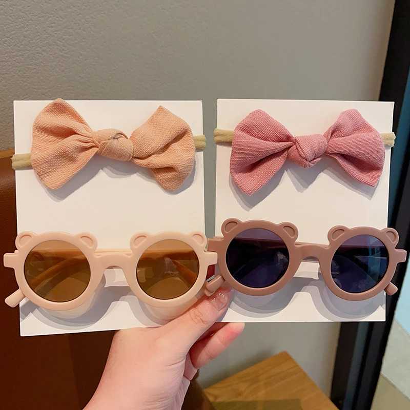 Sunglasses 2 Pcs/Set Cute Solid Color Soft Bowknot Headbands Bear Ears Sunglasses Children Hair Bands Headwear Set Lovely Hair Accessories