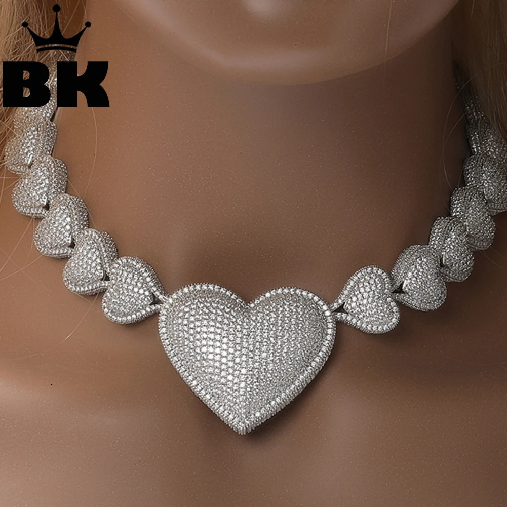 THE BLING KING Iced Out Big Heart Chain Collar Y2K 17mm Choker For Women Girl Micro Paved 5A Cubic Zircon Lovely Wedding Jewelry 240715