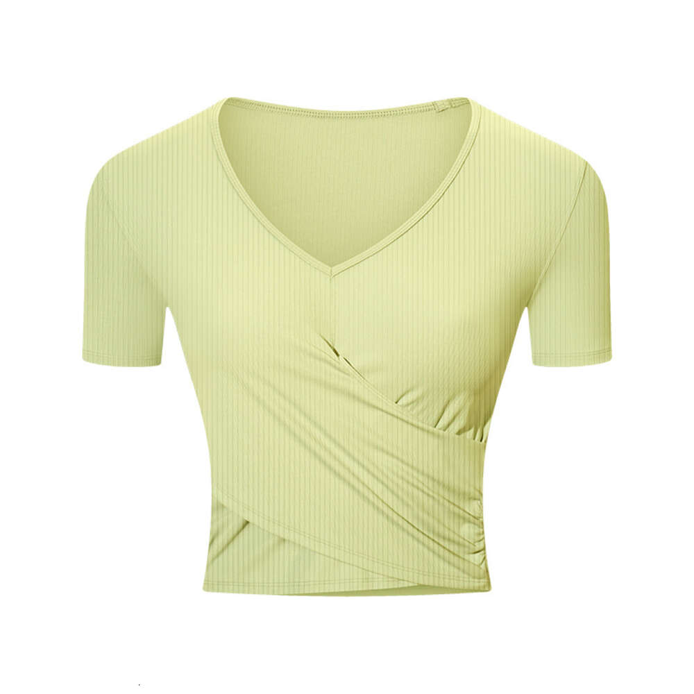 2025--Ribbed Women Fitness Sports Top Yoga Outfits Short Sleeve Gym Clothing Quick Dry Run Train Slim Shirts Casual V-Neck Workout T-Shirts