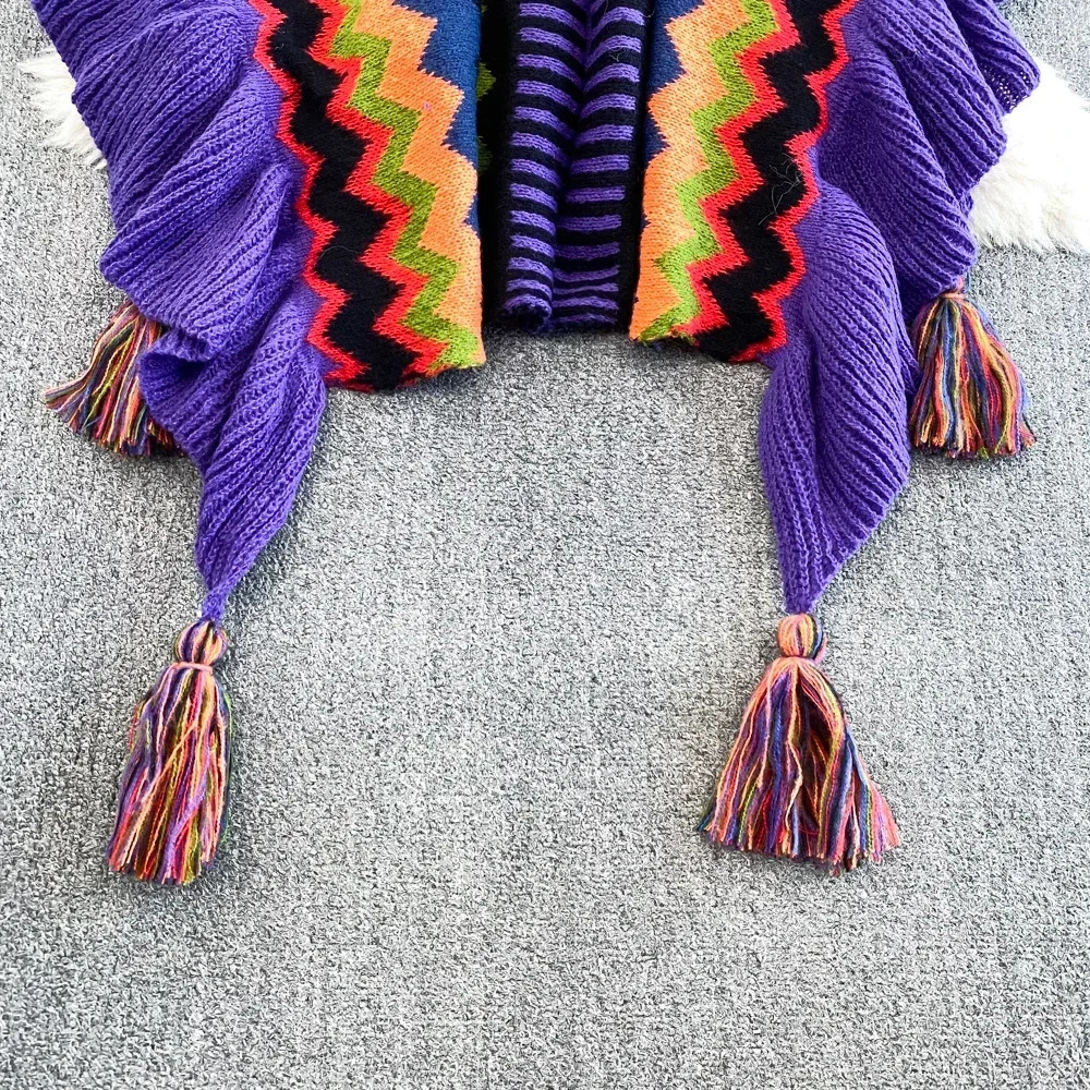 Ethnic Style Knitted Cardigan Women Ruffles Striped Tassel Female Sweaters Ladies Bohemia Holiday Autumn Cardigans Drop 240712