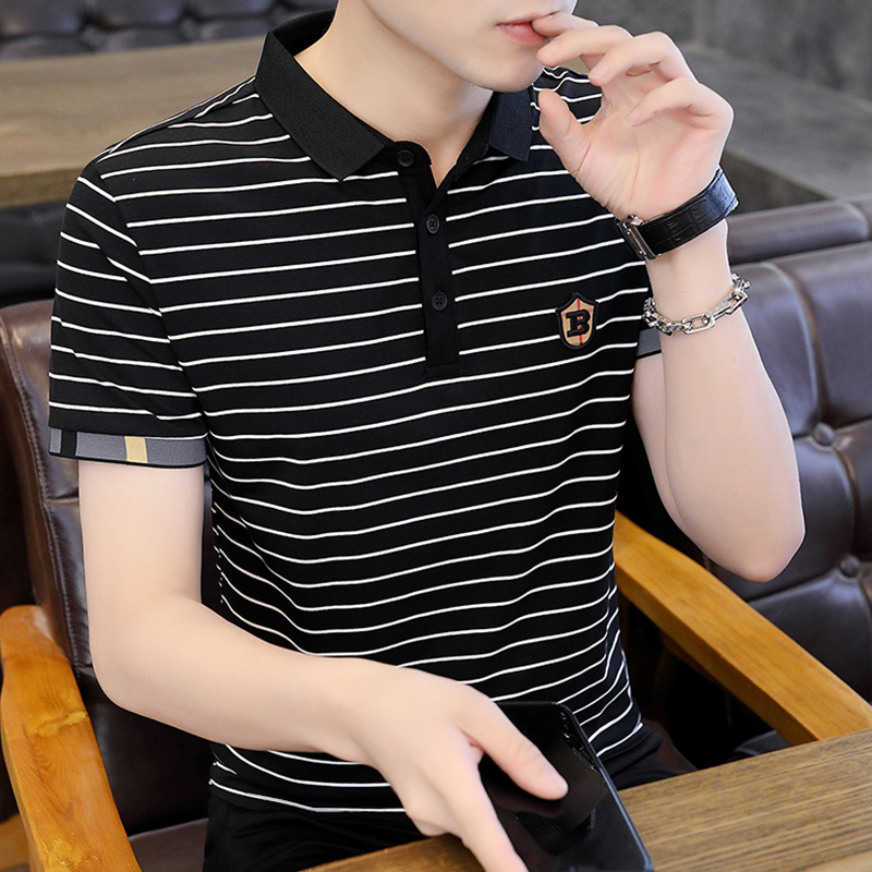Men's striped short sleeved T-shirt polo shirt lapel 2024 summer thin trend casual pure cotton with collar half sleeves