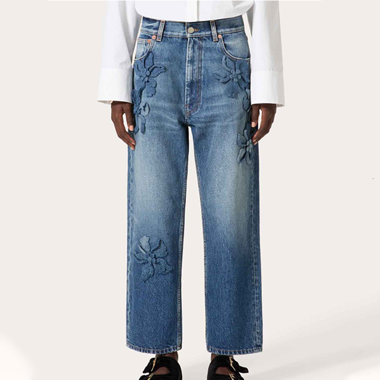Women Casual Handmade 3D flowers Office Waist Ladies Jeans Women's Pants & Trousers High