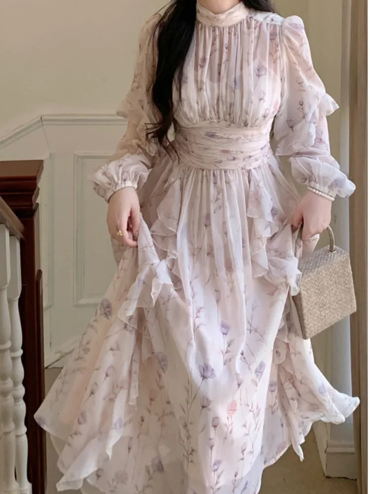 French Vintage Floral Print Chiffon Midi Dresses For Women Ruffles Patchwork High Waist Fairy Office Ladies Elegant Robe 240712