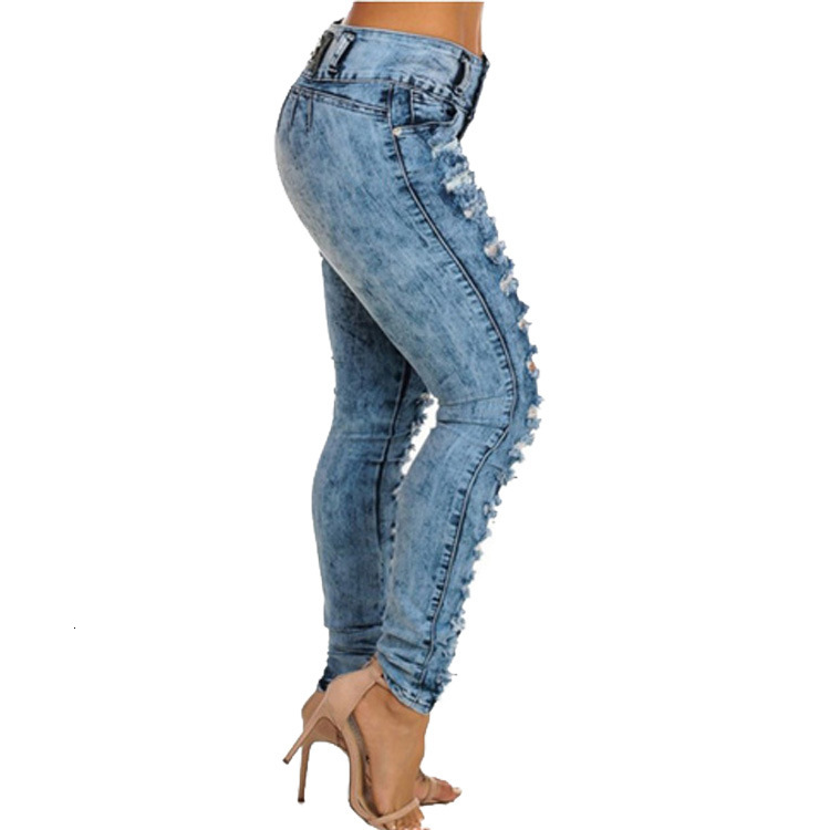 D034 Quality Denim Hole Skinny Stretchy Pencil Plus Size Pants High Waist Jeans Trousers