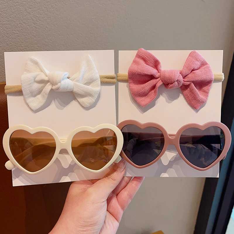 Sunglasses 2 Pcs/Set New Children Colors Soft Bowknot Headbands Heart Circle Edge UV400 Sunglasses Headwear Set Lovely Hair Accessories