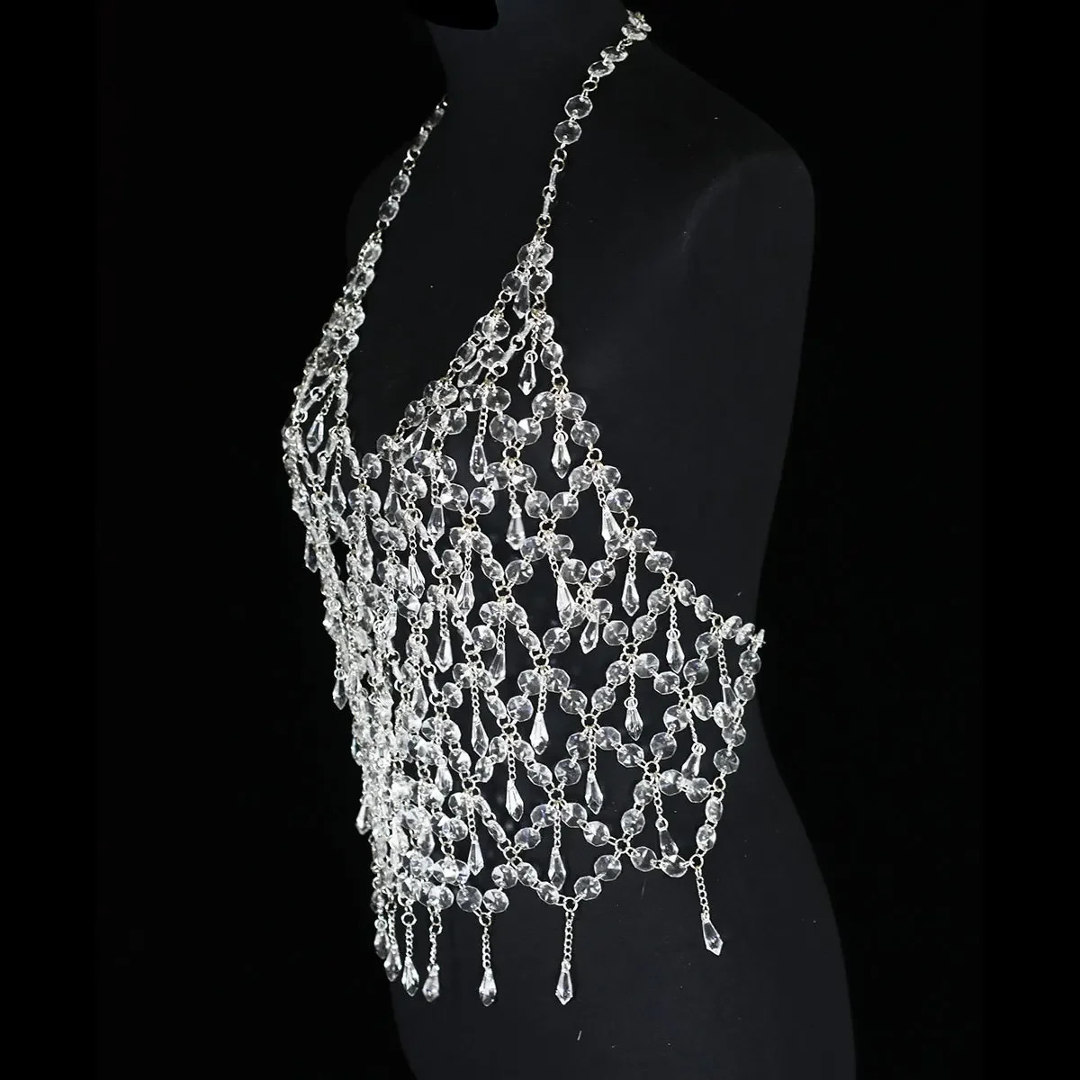 Sexy Tassel Chic Womens Lingerie Body Chain Top Water Drop Fishnet Crystal Shiny Chest Bra Bikini Sling Vest Jewelry 240709