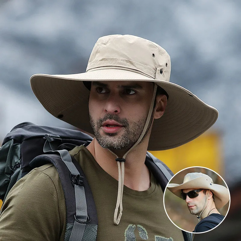 Mens Long Wide Brim Sun Hat Summer UV Protection Fishing Hat Water-resistant Bucket Hat Male Outdoor Breathable Panama Caps 240713