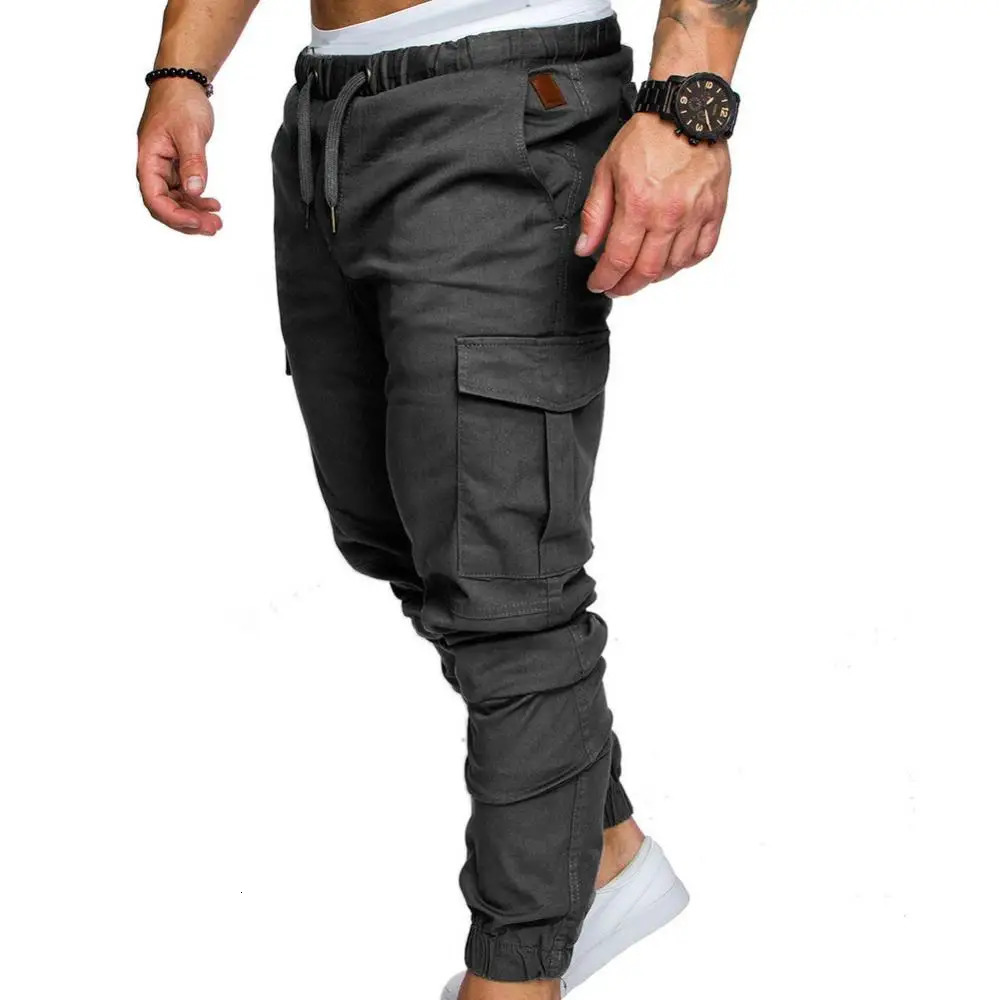 Men Casual Solid Color Pockets Waist Drawstring Ankle Tied Skinny Cargo Pants Work Trousers Outdoor Hiking Joggers Pant 240620