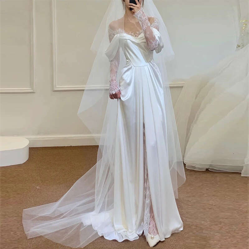 Satin Dresses With Small Train Vintage Lace Bride Dress A-e Full Sleeve Boho Wedding Gowns Vestido De Noiva
