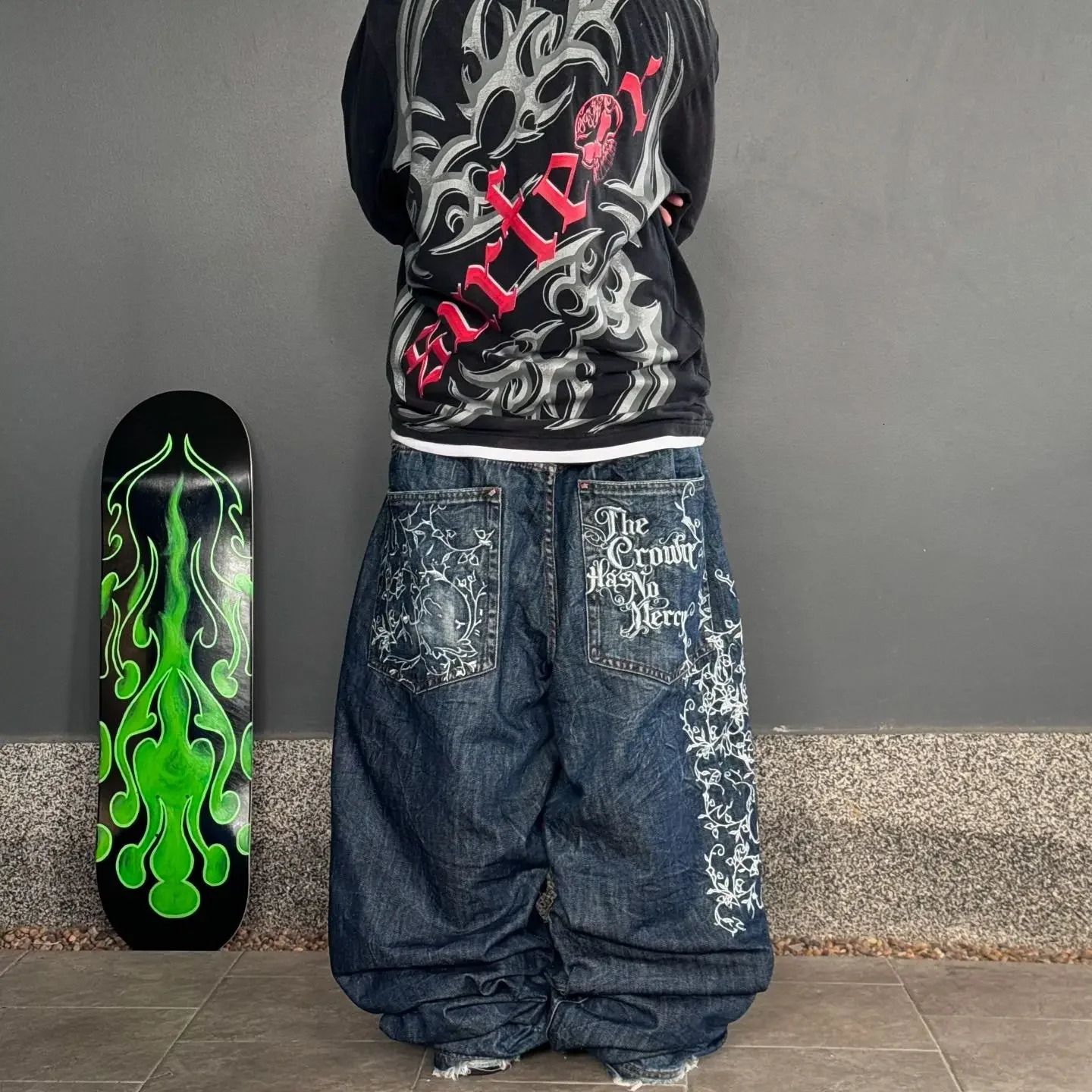 Y2K Letter Embroidered Retro Baggy Jeans Aesthetic Graphic Hip Hop Wash Wide Leg Denim Pants Men Women Goth High Waist Trousers 240712