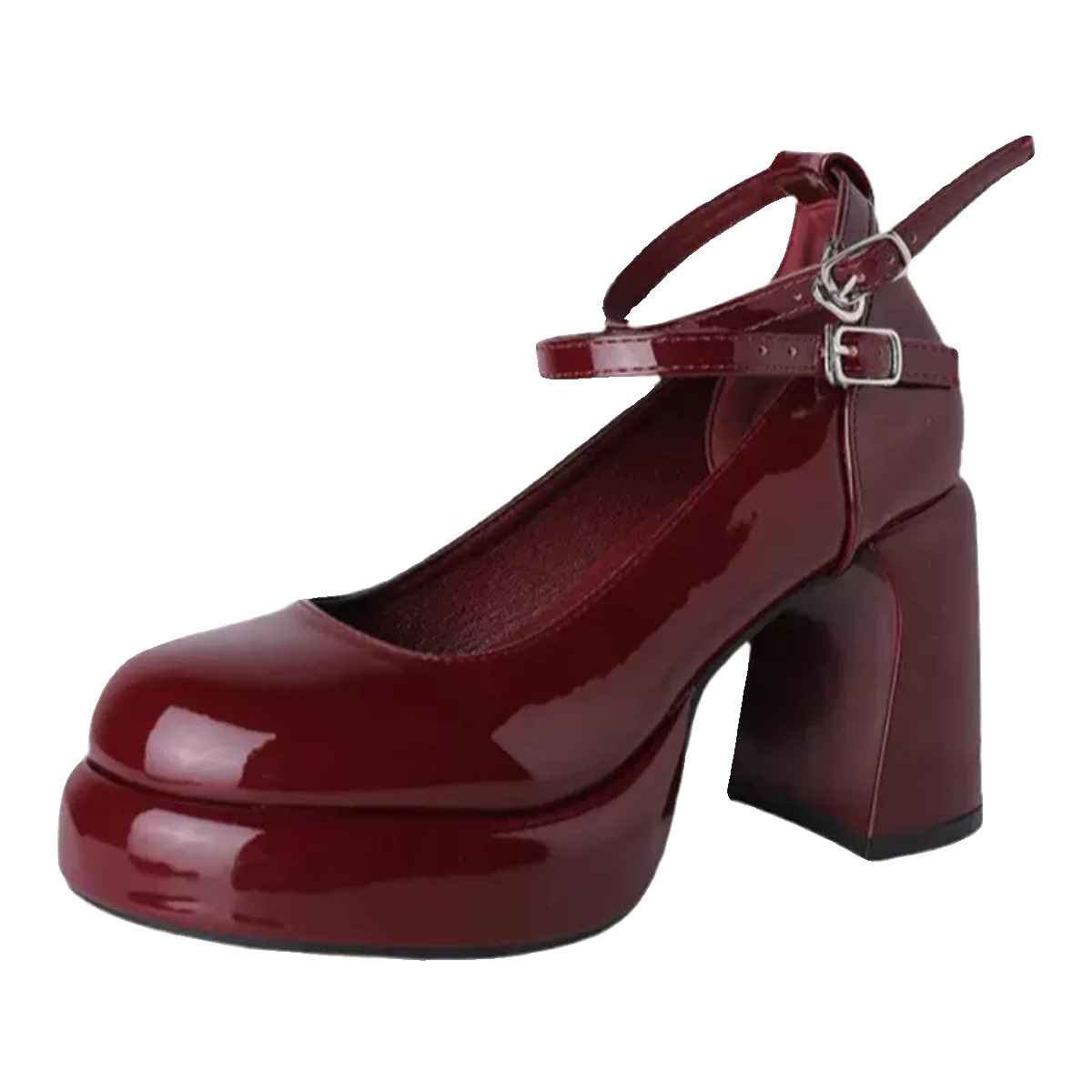 Sweet high heels female thick with red wedding fall French patent leather Mary Jane single shoes