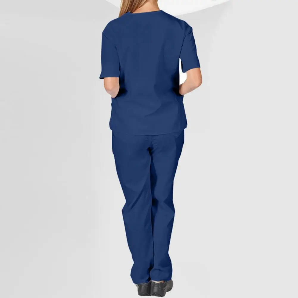 Nurse Outfit Professional V-neck Nurse Uniform Set for Salon Spa Pet Grooming Solid Color Short Sleeve Tops Pants for Work 240715