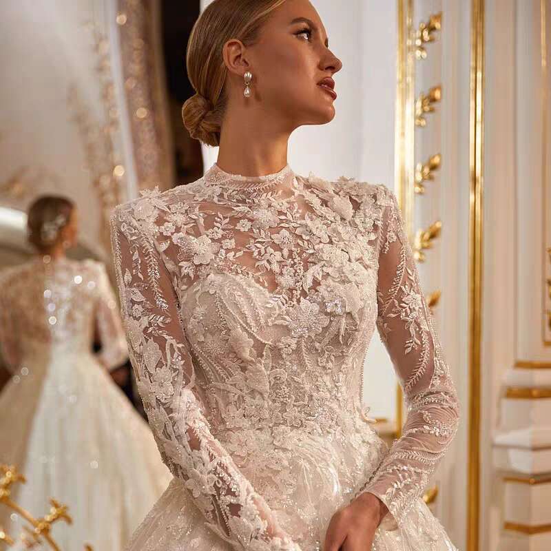 Sleeves Long Lace Wedding Dress A E High Neck Button Muslim Bridal Gown Applique Tulle Custom Made Vestido De Noiva pplique