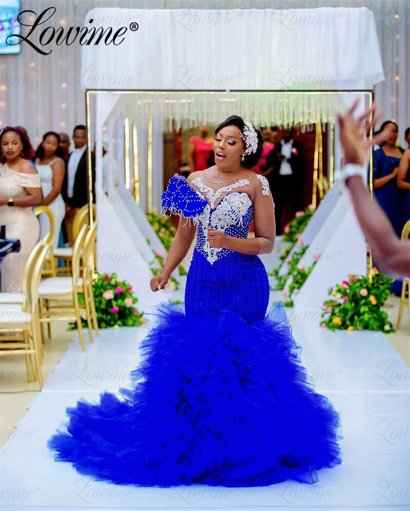 Elegant Royal Blue African Prom Crystals Mermaid special Party Dress Plus Size Evening Dresses Woman Customize