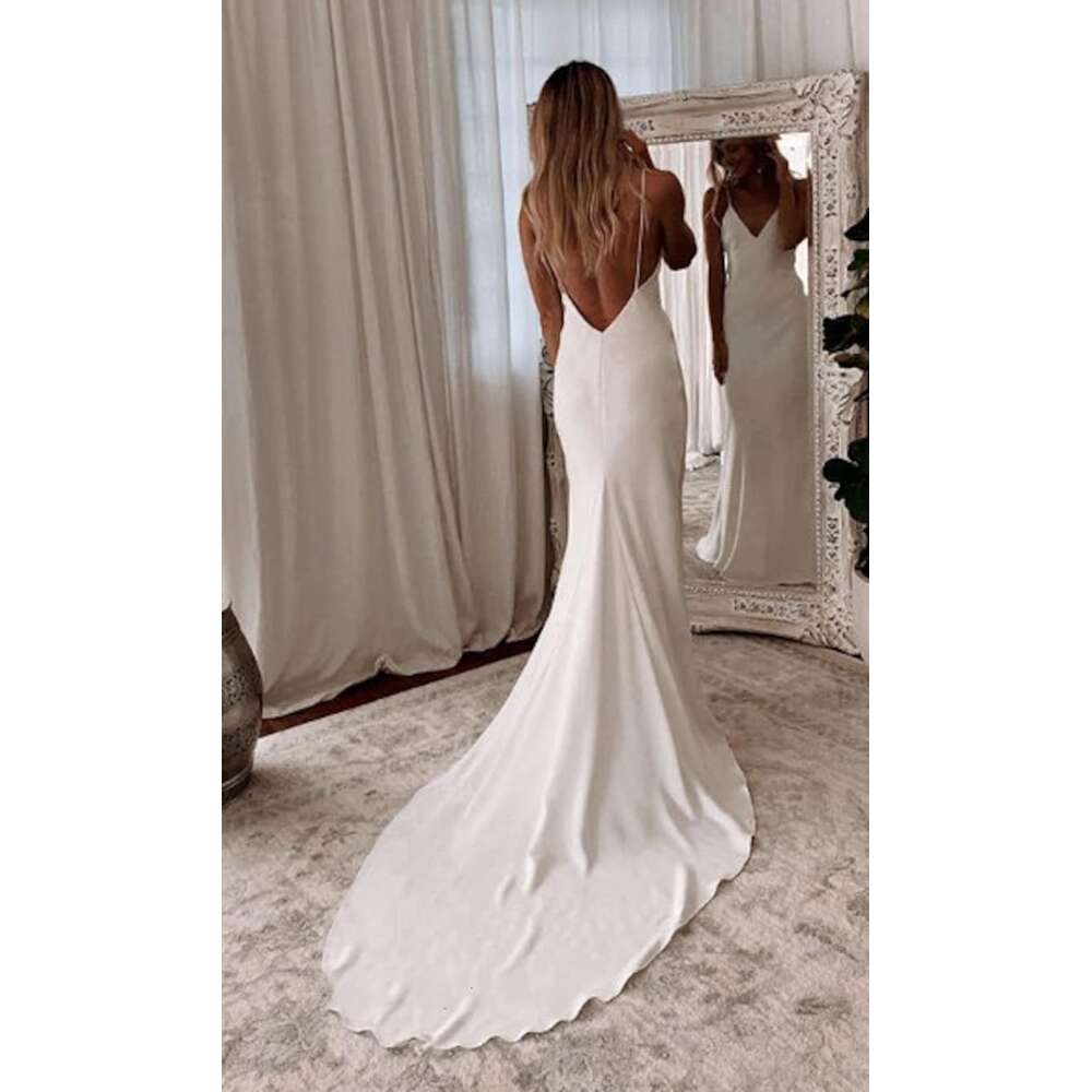Modern Simple Satin Wedding Dress V-neck Spaghetti Straps Backless Formal Pleat Bridal Growns vestido de noiva Sweep Train 2024