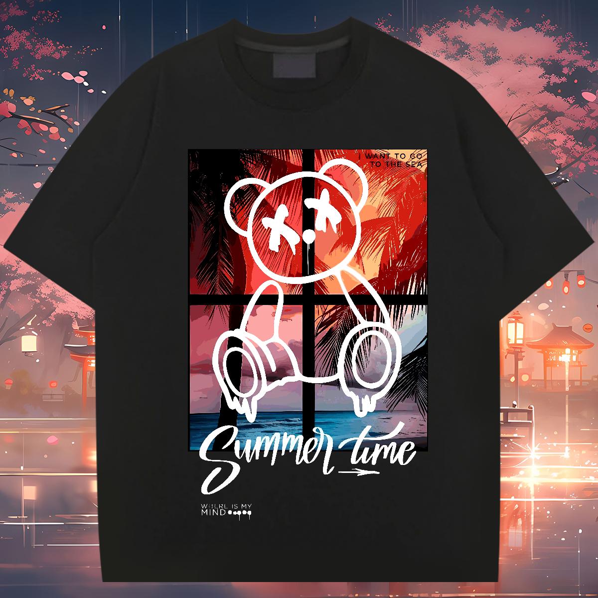 New T-Shirts for Men Graffiti Art 100% Cotton 230g Black Oversized Men Tops Tees Home Outdoor Breathable Crew Neck Cotton Loose Fit Wear