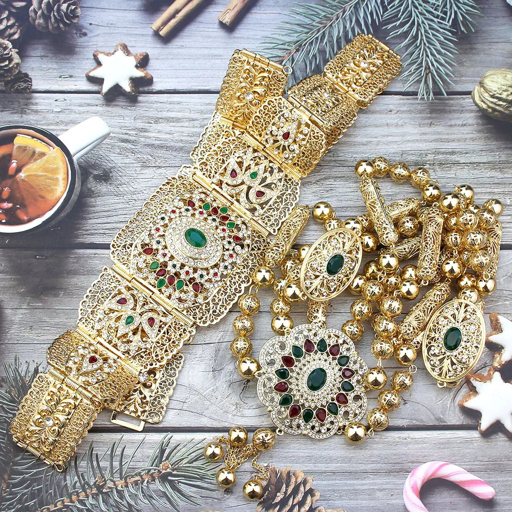 Sunspicems Gold Color Morocco Jewelry Caftan Belt Shoulder Chest Chain Women Belly Body Bride Wedding Accessories 240709