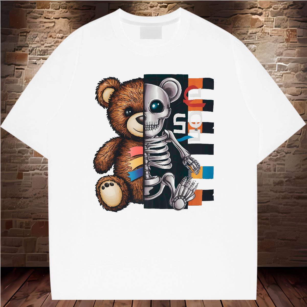 Loose Fit T Shirt For Man bear 230g Cotton Street wear Hip Hop Short Sleeve Cotton O-Neck Men Clothes T-Shirt 2024 Plus Size Cartoon Tees
