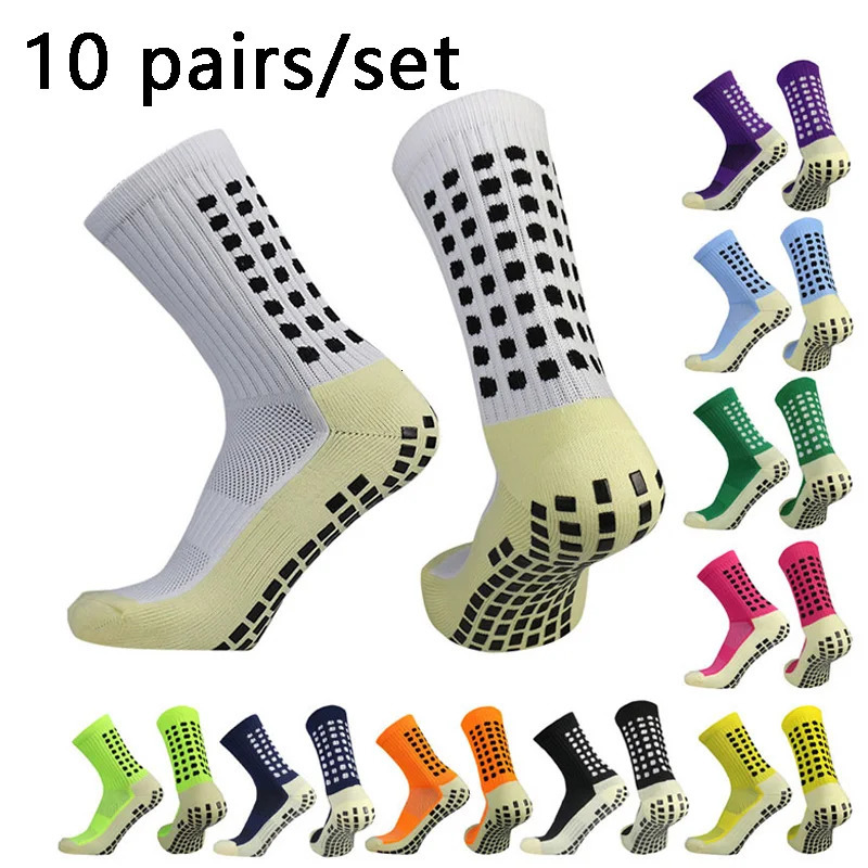 10 Pairs/lot Men Womens Football Socks Cotton Square Silicone Suction Cup Grip Anti Slip Soccer Sports Rugby Socks Tennis Socks 240709
