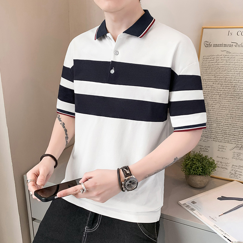 Summer t-shirt, new short sleeved T-shirt, slim fitting collar, striped cotton clothing, men's polo shirt