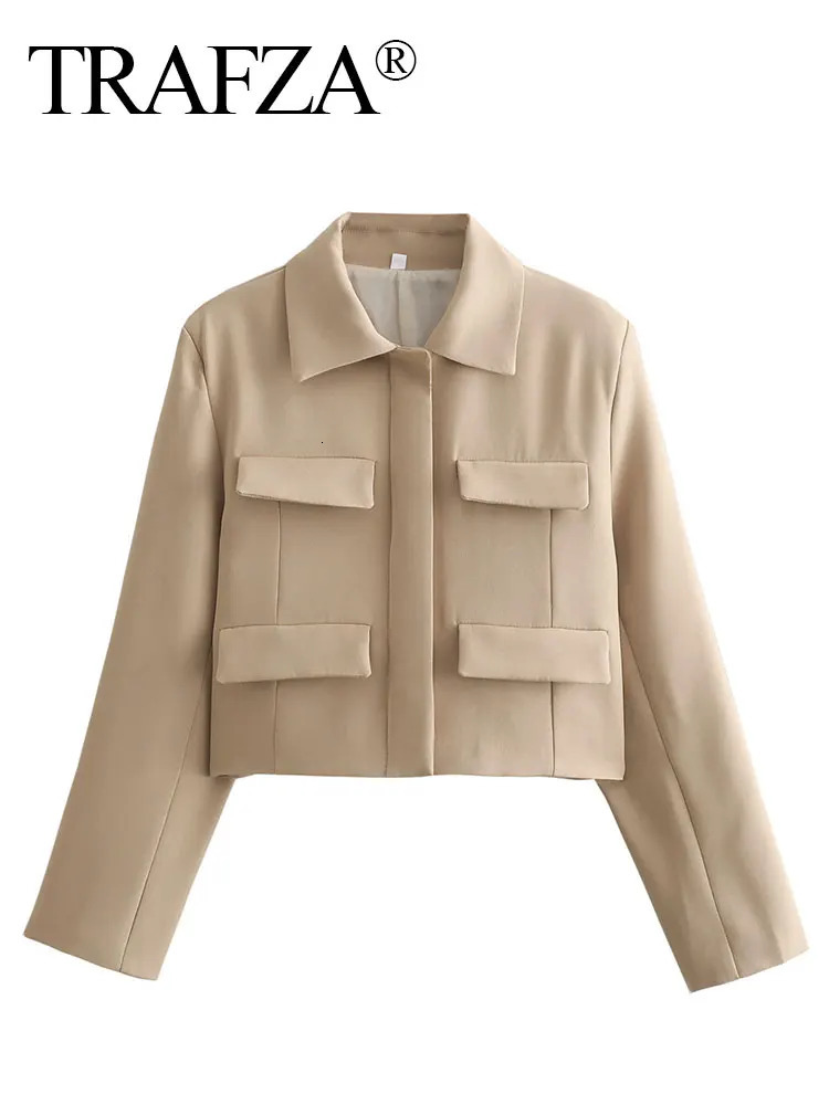 TRAFZA Spring Jacket For Women Slim Cropped Coat Elegant Solid Long Sleeve Front Flap Pocket Outerwear Fashion Streetwear 240715