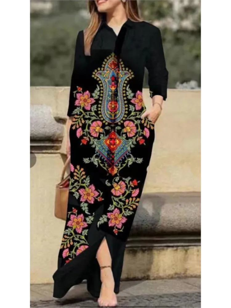 Vintage Flower Print Loose Shirt Dress Autumn Fashion Lapel Collar Button Women Casual Long Sleeve Pocket Maxi Dresses 240715