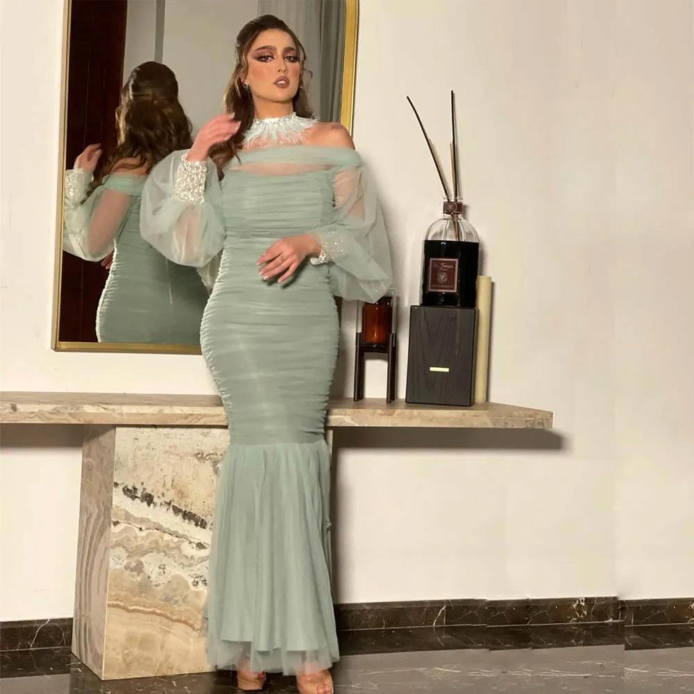 Elegant Green Prom Dresses Sheath Party Evening Dress Transparent Long Sleeve Ruched Special Ocn dress BC19179