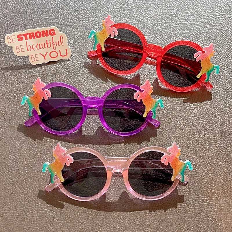 Sunglasses 2024 New Children Round Frame Cartoon Horse Sunglasses UV400 Girls Boys Cute Outdoor Sun Protection Sunglasses Kids Sun Glasses