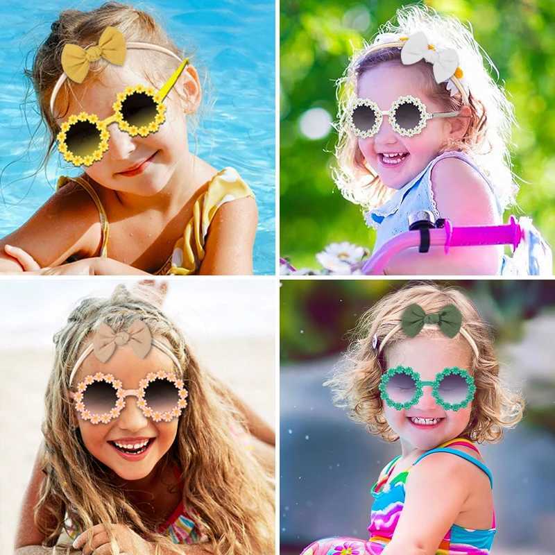 Sunglasses 2Pcs/Set New Children Cute Fashion Acrylic Daisy Sunglasses UV400 Colors Lovely Soft Bowknot Headbands Set Kids Hair Accessories