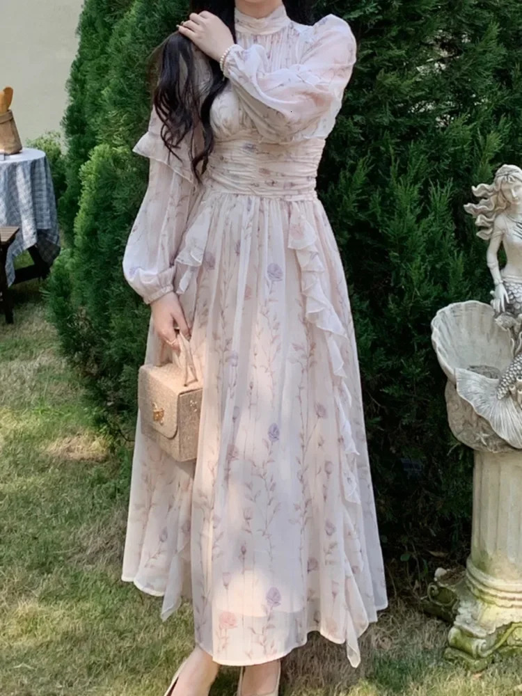 French Vintage Floral Print Chiffon Midi Dresses For Women Ruffles Patchwork High Waist Fairy Office Ladies Elegant Robe 240712