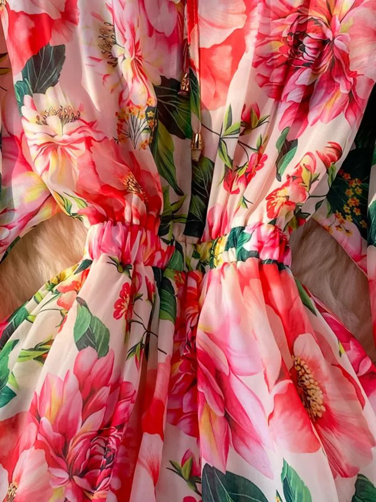 Spring Summer Holiday Bohemian Flower Maxi Dress Women Bow Tie Collar Floral Print Elastic Waist Large Hem Chiffon Vestidos 240712