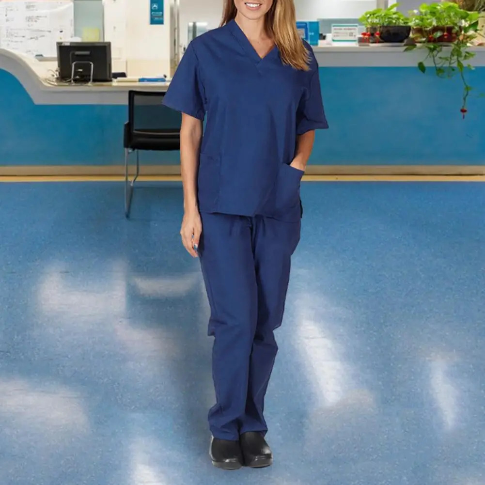 Nurse Outfit Professional V-neck Nurse Uniform Set for Salon Spa Pet Grooming Solid Color Short Sleeve Tops Pants for Work 240715