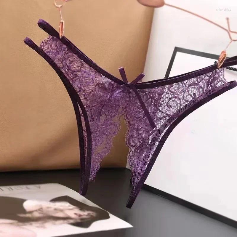 Women's Panties Sexy Lingerie Crotch Opening Transparent G-strings Thongs Solid Bowknot Underwear For Ladies Women Lace Pantys