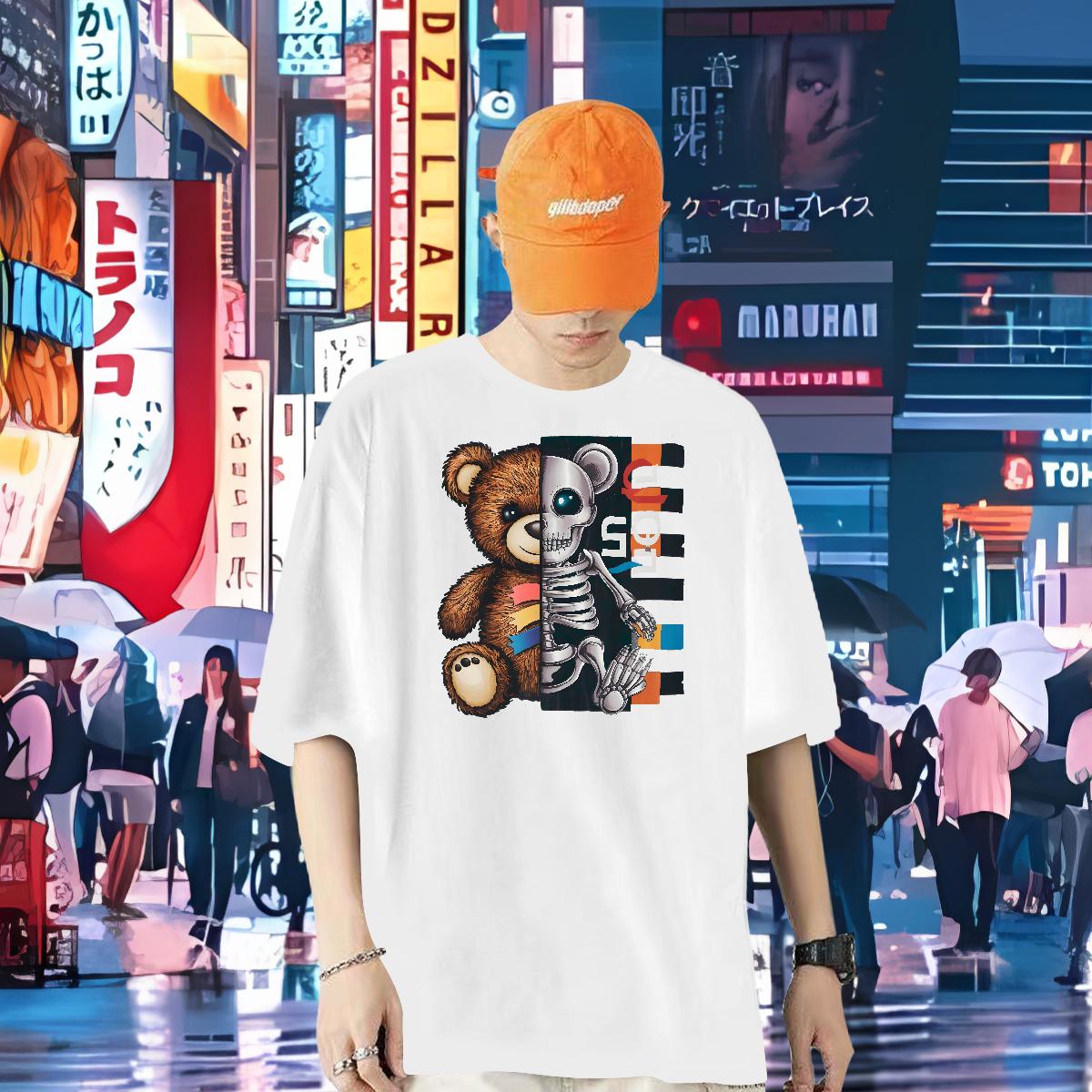 2024 Summer Man T Shirts bear 230g 100% Cotton DIY Printed Men Clothes T-Shirt High Street Hip Hop Cotton O Neck Short Sleeves Unisex Tops Tees