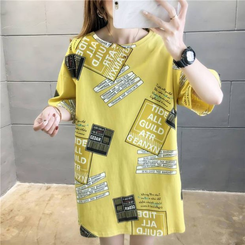 2024 Summer Women's Fashion Loose Slim Letter Printing Simple and Casual Western Style Versatile Mid length Round Neck Short Sleeve T-shirt