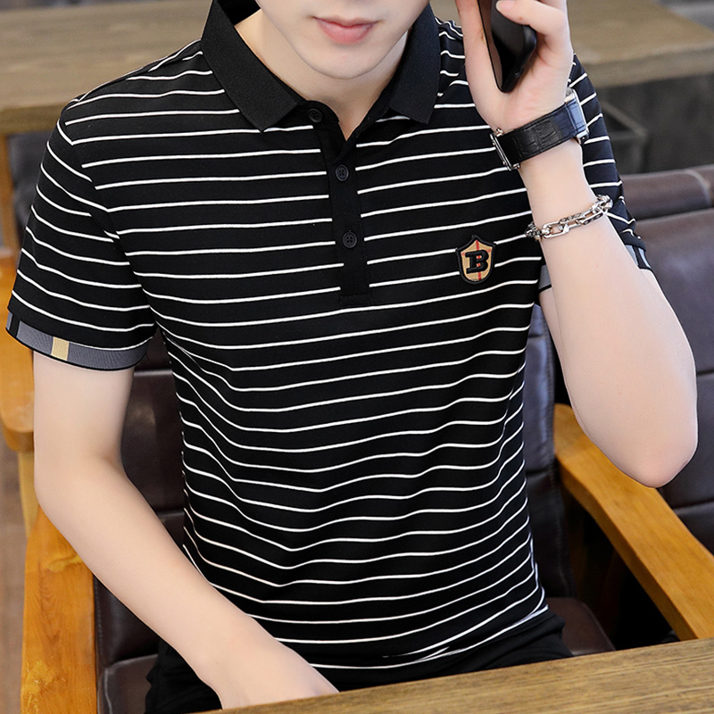 Men's striped short sleeved T-shirt polo shirt lapel 2024 summer thin trend casual pure cotton with collar half sleeves